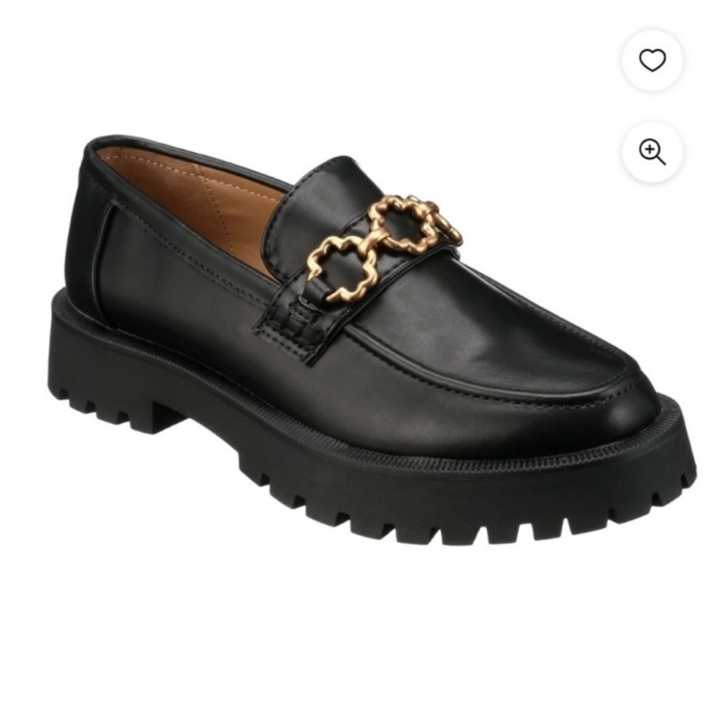 EUC Sam & Libby Women's Remi Black/Gold Chunky Lug Sole Loafer size 10 - Picture 1 of 12